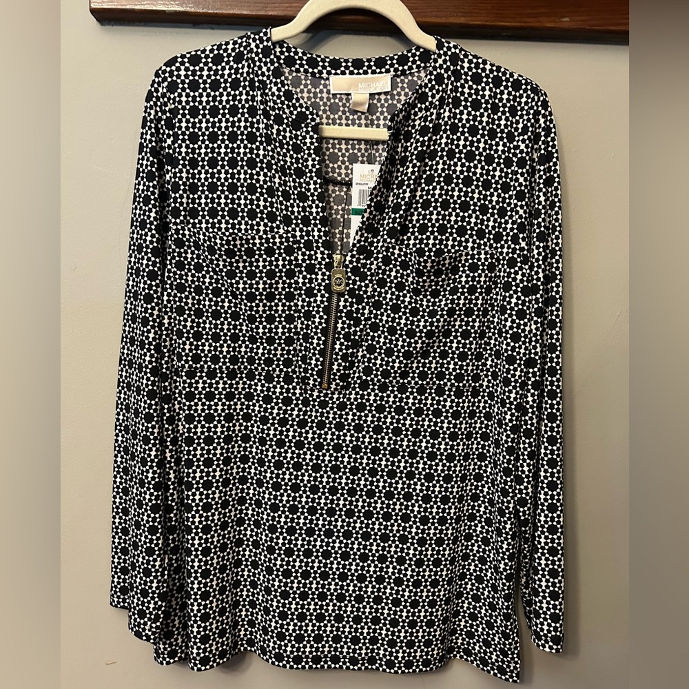NWT Michael Kors Black & White Dot Print Long Sleeve Half Zip Blouse Tunic Top L